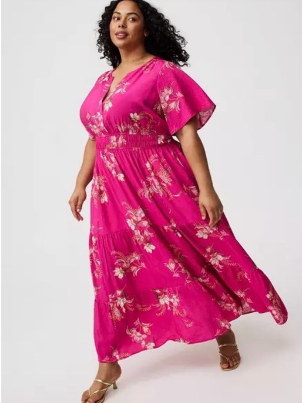 NWOT Torrid Hot Pink Floral Y-Neck Tiered Maxi Dress - Picture 2 of 6